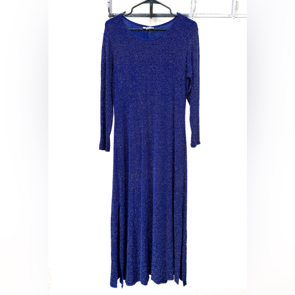 MaxiMa vintage maxi dress, blue with sparkles all over, stretchy, scoop neck.